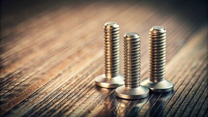 Close-up of three metallic screws on a wooden surface