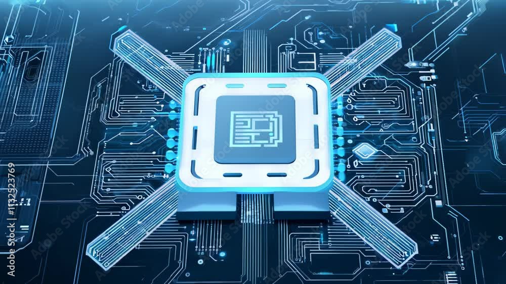 Poster exploring the futuristic world of microchips and circuits in a high-tech environment. generative ai