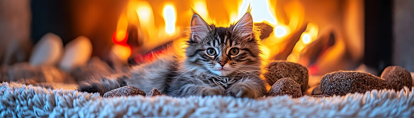Naklejka premium Kitten by Fireplace, Cozy Winter Scene, Fluffy Cat Resting Warmly Near Embers