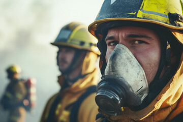 Fototapeta premium Generative AI Depiction of a Brave Firefighter Battling Intense Flames and Smoke with Determination and Courage