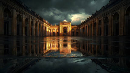 Naklejka premium Golden Hour Reflection, Majestic Palace Courtyard, Water Reflects Architecture, Dramatic Sky