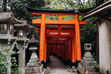 Fushimi Inari Taisha Shrine, Fushimi-ku, Kyoto Prefecture, Kansai region, Kyoto, Japan, Shinto shrine, mountain way with red torii gates tunnel, wooden torii path, fox sculptures, travel to Japan