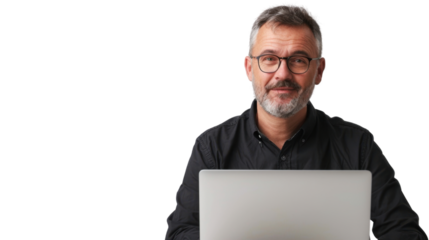 American middle age male Employee IT specialist sit at work with laptop on white background

