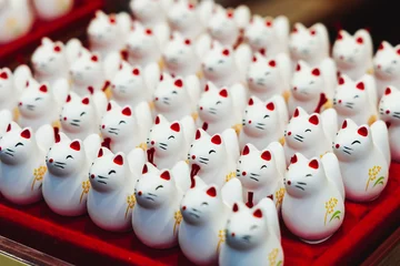 Fotobehang Torii Gates Fushimi Inari Taisha Shrine, Fushimi-ku, Kyoto Prefecture, Kansai region, Kyoto, Japan, Shinto shrine, mountain way with red torii gates tunnel, wooden torii path, fox sculptures, travel to Japan  © tsuguliev
