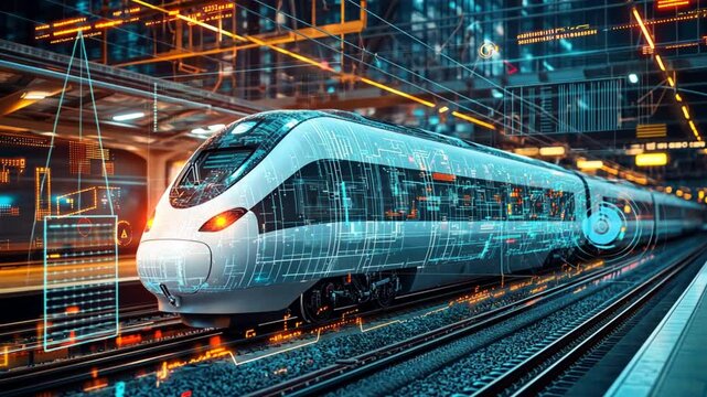 Electric railway analysis through virtual data panels, with engineers managing transport networks and smart train systems