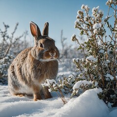 Naklejka premium A shy rabbit peeking from behind a snowy bush under a pale blue sky.