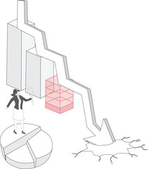 Business trends, market and sales analysis, forecasting business opportunities, buying on price declines and anticipating price rebound, isometric traders holding a magnifying glass to observe the ups