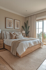 Fototapeta premium Photographie intérieure professionnelle d'une chambre adulte contemporaine avec lit king-size, tons neutres et design minimaliste