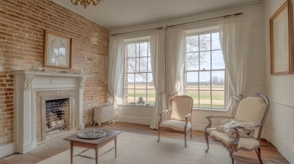 Fototapeta premium Antique Room With Brick Fireplace And Scenic View