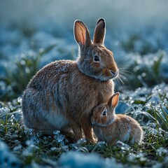 Obraz premium A mother rabbit and her babies surrounded by icy blue morning dew.