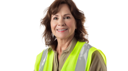 American middle age female smiling in yellow warning vest safety on white background	

