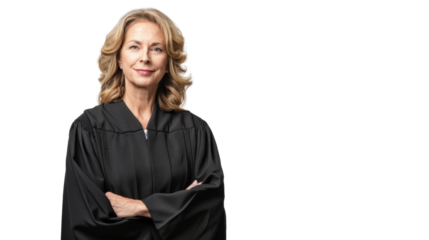 American middle age female judge on white background
