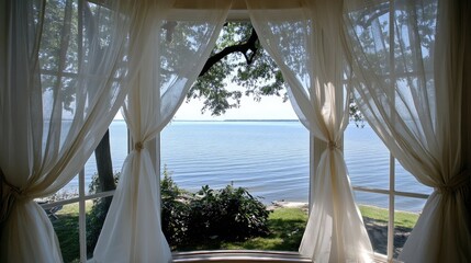 Fototapeta premium Tranquil Lake View Through Sheer Curtains in Sunny Room