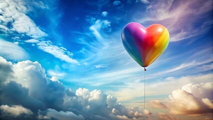 Obraz premium Rainbow Heart Balloon Ascending Through a Vivid Sky Filled With Fluffy Clouds