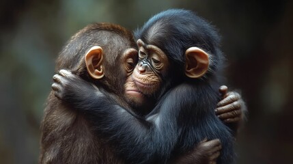 Naklejka premium Two young primates embrace affectionately.