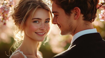 Fototapeta premium Romantic couple smiling amidst blooming cherry blossoms