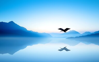 Naklejka premium Serene sunrise landscape with bird in flight over calm lake and misty mountains.