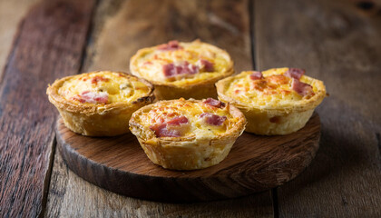 Savory mini quiches with ham and cheese. Tasty snack. Delicious food. Cooking and culinary concept.