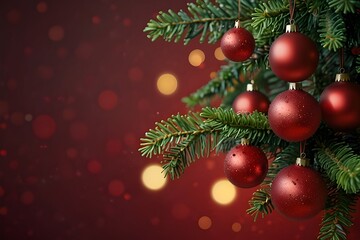 Christmas Tree In Red Shiny Glittering Background - Baubles Hanging On Fir With Abstract Lights