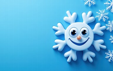 Obraz premium A cheerful cartoon snowflake with big eyes and a happy smile on a bright blue background