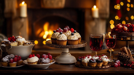 Fototapeta premium Holiday dessert table features assorted cupcakes and pastries near a warm fireplace