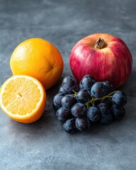 A colorful assortment of fresh fruits including an orange, apple, and grapes on a textured surface.
