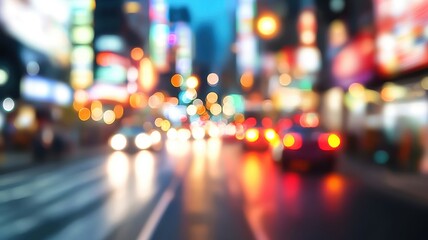 Blurred view of times square's lively nighttime lights, reflecting on a rain soaked sidewalk, forming a vibrant urban landscape cityscape with bokeh lights at night