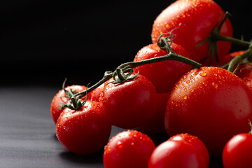 A branch of juicy fresh large tomatoes on a black background