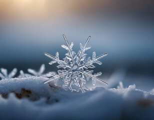 Close-Up - Macro of a Snowflake on Snowy Grass. Winter background.
