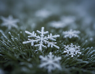 Close-Up - Macro of a Snowflake on Snowy Grass. Winter background.
