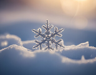 Close-Up - Macro of a Snowflake on Snowy Grass. Winter background.