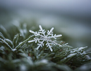 Close-Up - Macro of a Snowflake on Snowy Grass. Winter background.