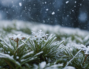 Close-Up - Macro of a Snowflake on Snowy Grass. Winter background.