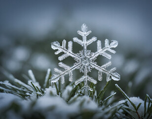 Close-Up - Macro of a Snowflake on Snowy Grass. Winter background.