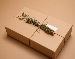 Eco-Friendly Gift Box with Flowers on Beige Background with dried flowers and white tag, card. Generated image