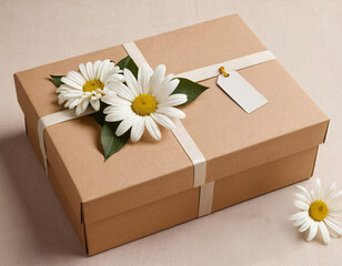 Eco-Friendly Gift Box with Flowers on Beige Background with white flowers and white tag, card. Generated image