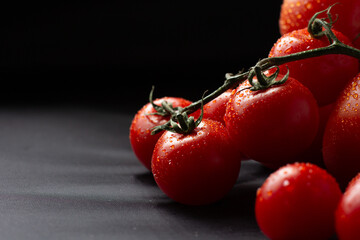 A branch of juicy fresh large tomatoes on a black background