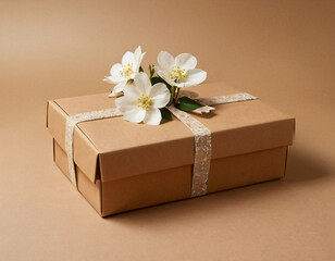 Eco-Friendly Gift Box with Flowers on Beige Background with white flowers and white tag, card. Generated image