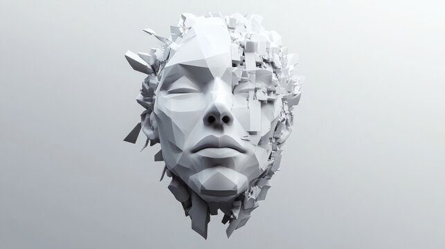 A polygonal human face. A 3D illustration depicting the construction of a cyborg head. Concept of artificial intelligence. 