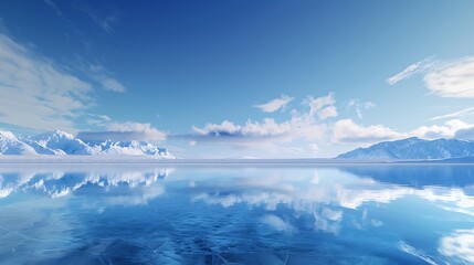 A glacier's icy surface reflecting the deep blue sky and distant mountains.