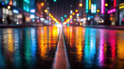 Obraz premium Bustling city at night, with neon lights reflecting off wet streets, creating a dynamic urban scene