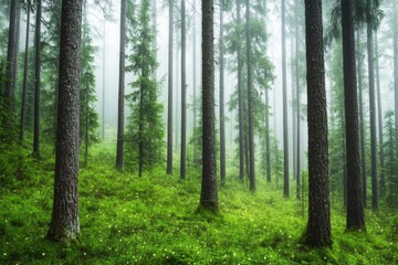 Obraz premium Serene scene of a forest with glowing fireflies, the misty air enhancing the soft sparkle and natural wonder of the moment