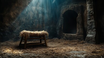 A nativity scene and resurrection scene concept, featuring an empty manger and the empty tomb