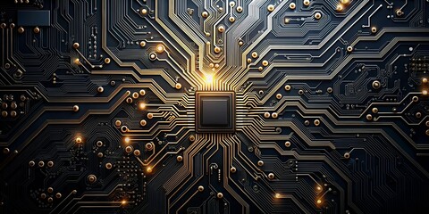 Abstract digital circuitry with glowing gold pathways and a central processing unit