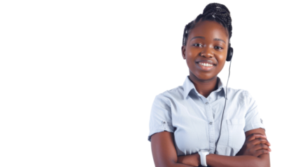 Call center young african woman with arms crossed and smile , customer service on white background