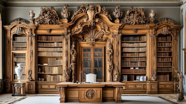 Ornate Wooden Library Featuring Extensive Book Collection and Desk - Powered by Adobe