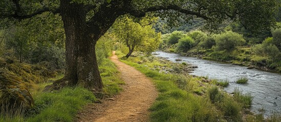 Fototapeta premium Tranquil riverbank trail surrounded by lush greenery and a majestic tree inviting peaceful nature walks and scenic exploration.