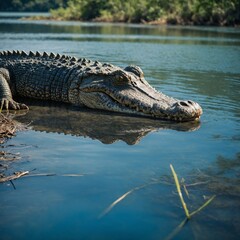 Fototapeta premium A crocodile resting on the bank of a serene blue river.