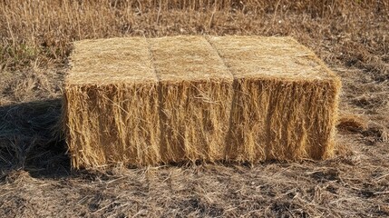 Fototapeta premium Rectangular straw bale resting on a dry field under sunlight showcasing agricultural elements in a rural setting