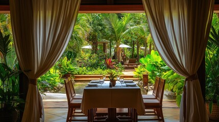 Fototapeta premium Elegant Dining Space Overlooking Lush Tropical Garden Oasis